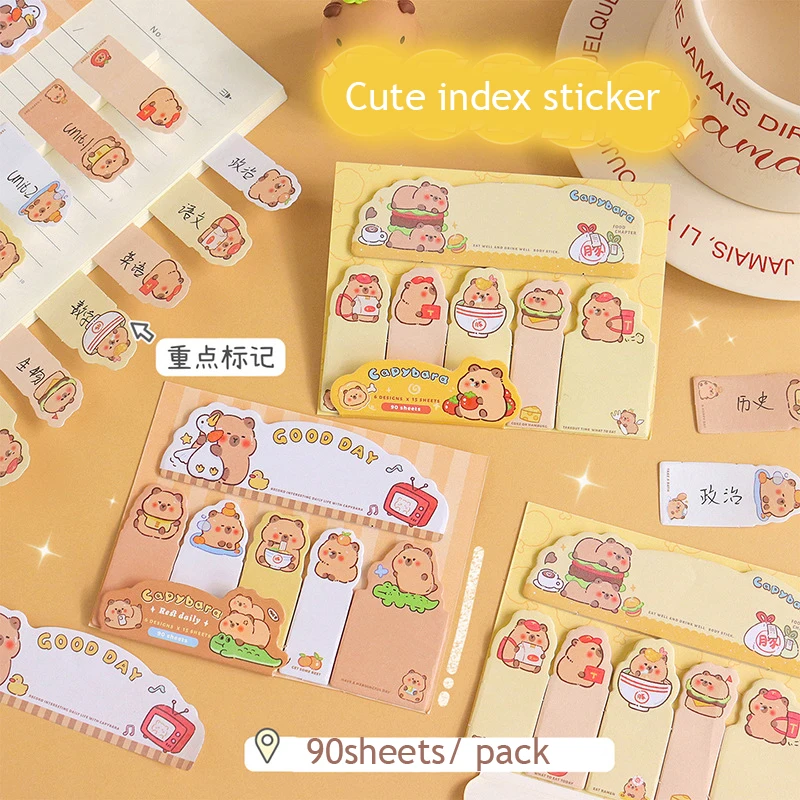 Cute CapyIndex Notepad Sticker, Papelaria coreana, Notas pegajosas, Papel Material, Planejador Estudantil, Acessórios de Escritórios, 90 Folhas