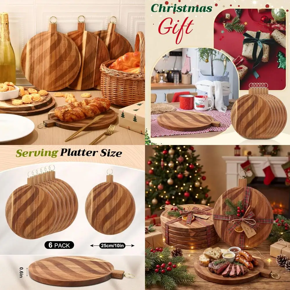 

Массовый набор из 6 рождественских круглых разделочных досок из дерева акации с гравировкой для праздничных вечеринок и кухонных подарков (10 дюймов)