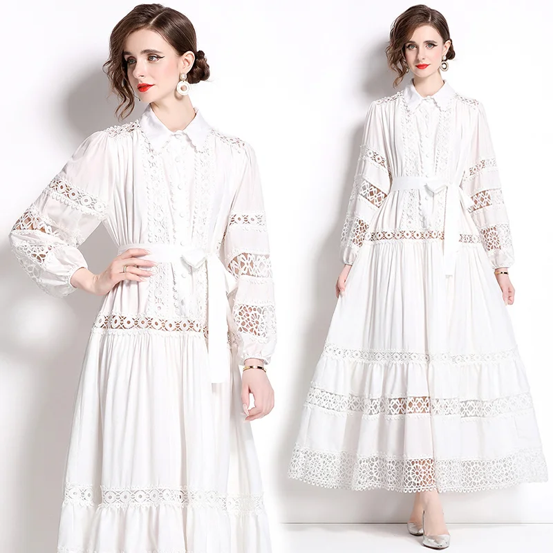 Brand Designer Summer Autumn Holiday Long Sleeve Maxi White Dress Shirt Women Sexy Hollow Out Loose Embroidery Vestidos