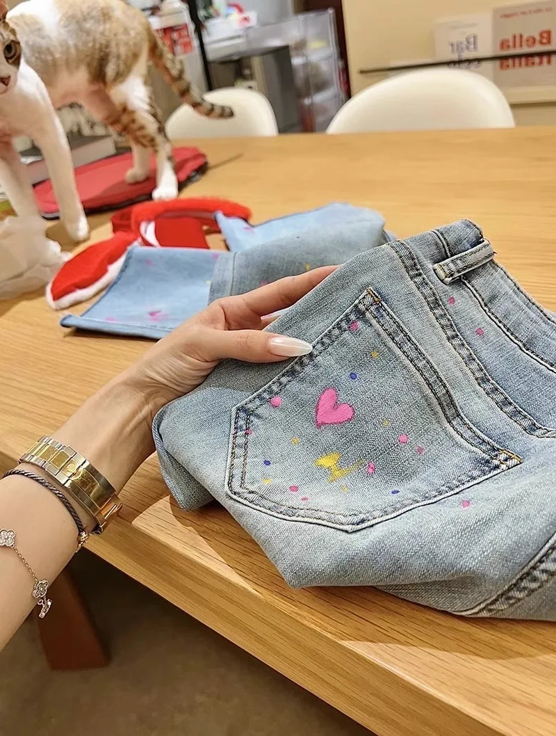 

Джинсы с сердечком fiti Distred для мужчин и женщин, летние повседневные креативные свободные прямые джинсы для подростков, хлопок