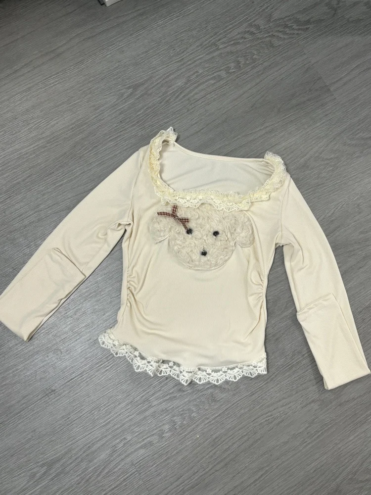 Cute Cartoon Y2k Lace Stitching Pullover Women 2000s Aesthetic Sweet Long Sleeve Knit Sweater Autumn Winter Kawaii Crop T-shirts