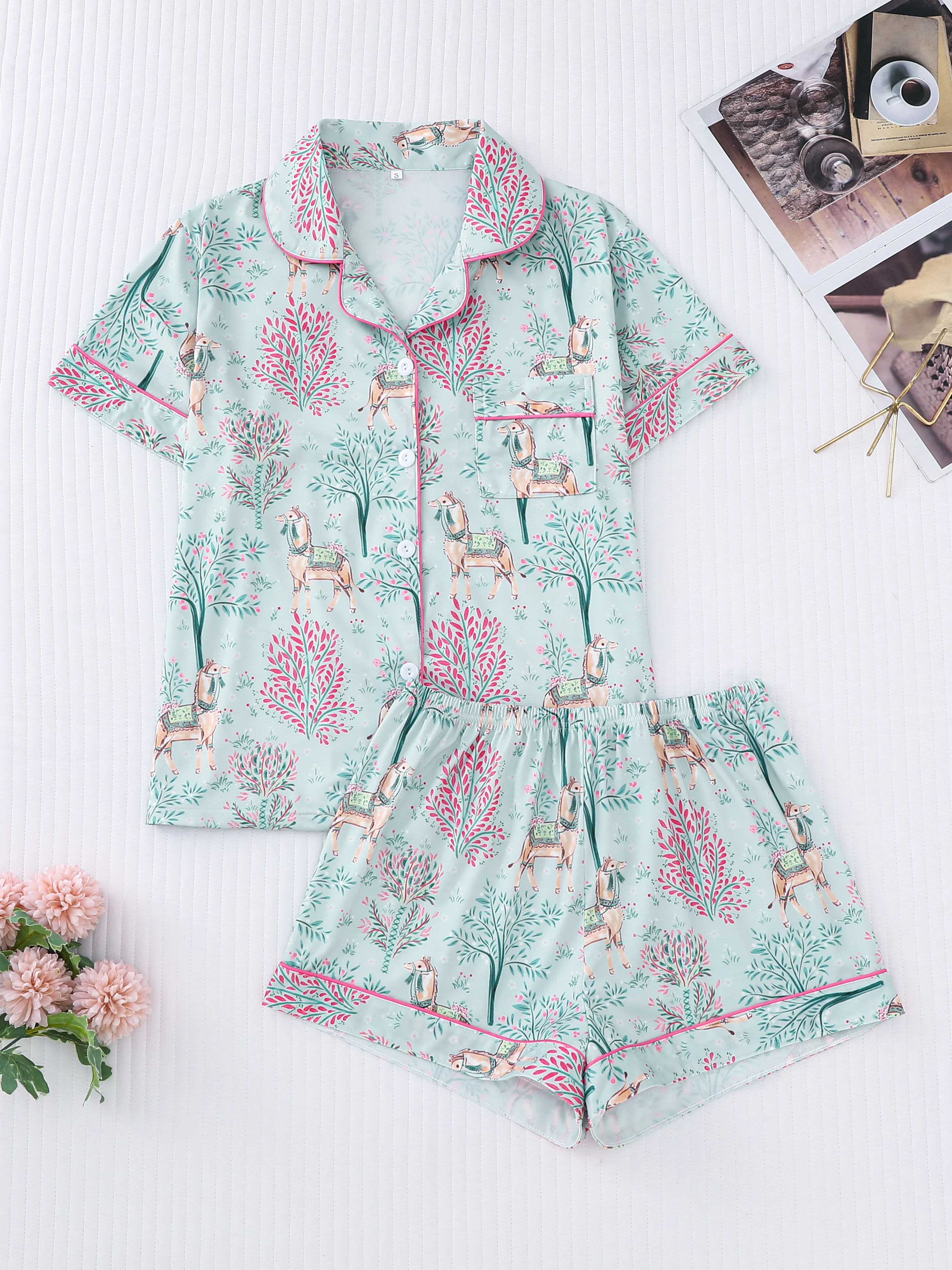 

Pony print pajama set for ladies comfortable short sleeve lapel top and loose shorts for ladies loungewear
