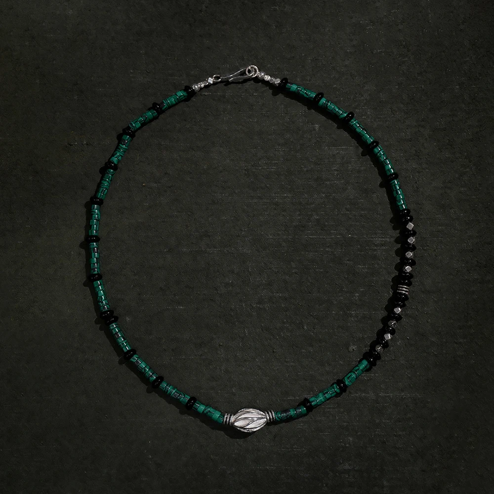 

AB/925 Sterling Silver handmade series of natural malachite and black agate disc beads niche unique necklace jewelry for women