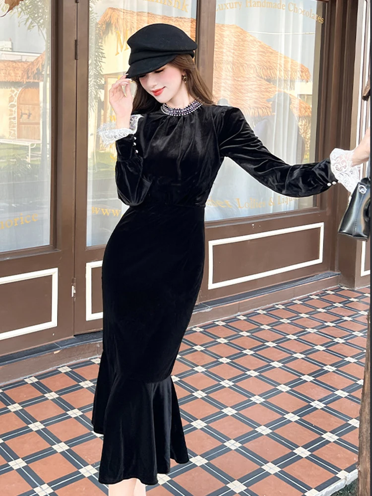Abiti da strada da donna Velluto nero O-Collo Slim Midi Abito a coda di pesce Elegante Lady Fashion Party Abiti Dolce retrò Autunno Casual