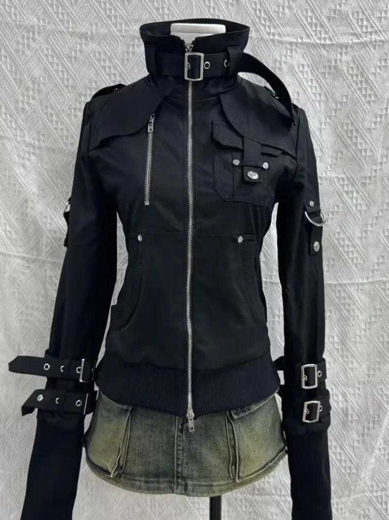 Retro-Gothic-Stil-Jacken für Damen, japanisches cooles Schwarz, Stehkragen, Motorradjacken, 2025, Herbst, neue Harajuku-Kleidung