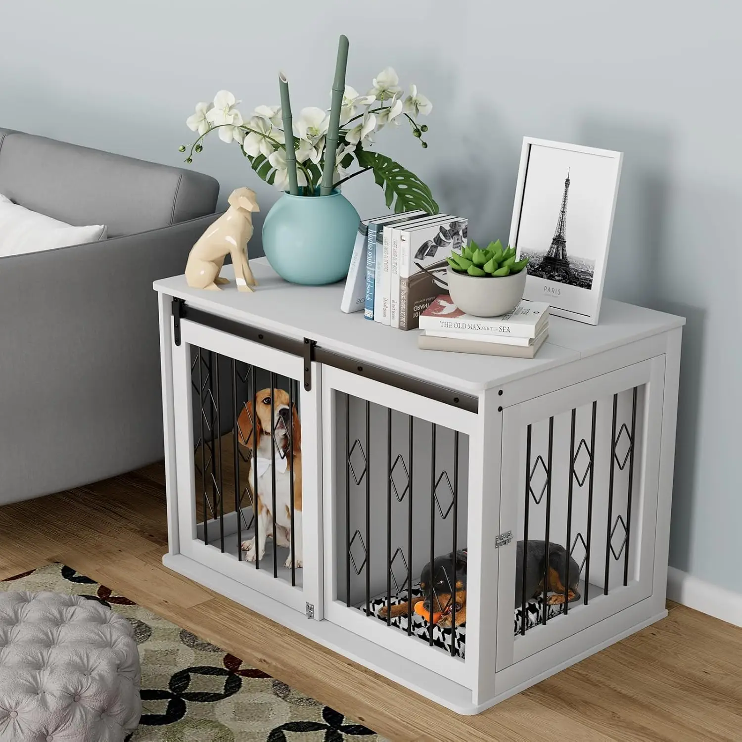 

Large Dog Crate Furniture w/Sliding Barn Door, Wooden Indoor Dog Kennel w/Flip-top, 39.4'' Heavy Duty Puppy Dog Cage End Table