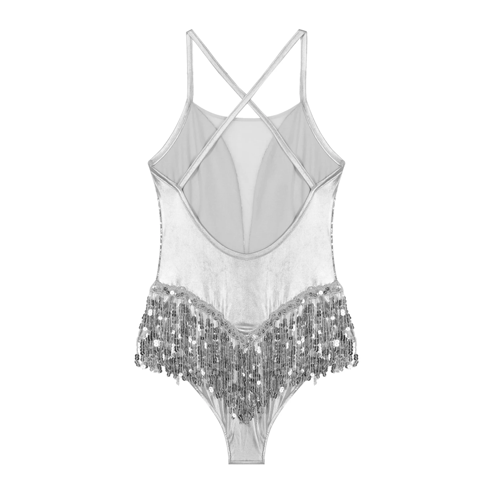 Sparkling SequinsJumpsuit Womens Cha-cha Latin Dance Costume Tassels Leotard Bodysuit Cocktail Rumba Tango Performance Costume view 3