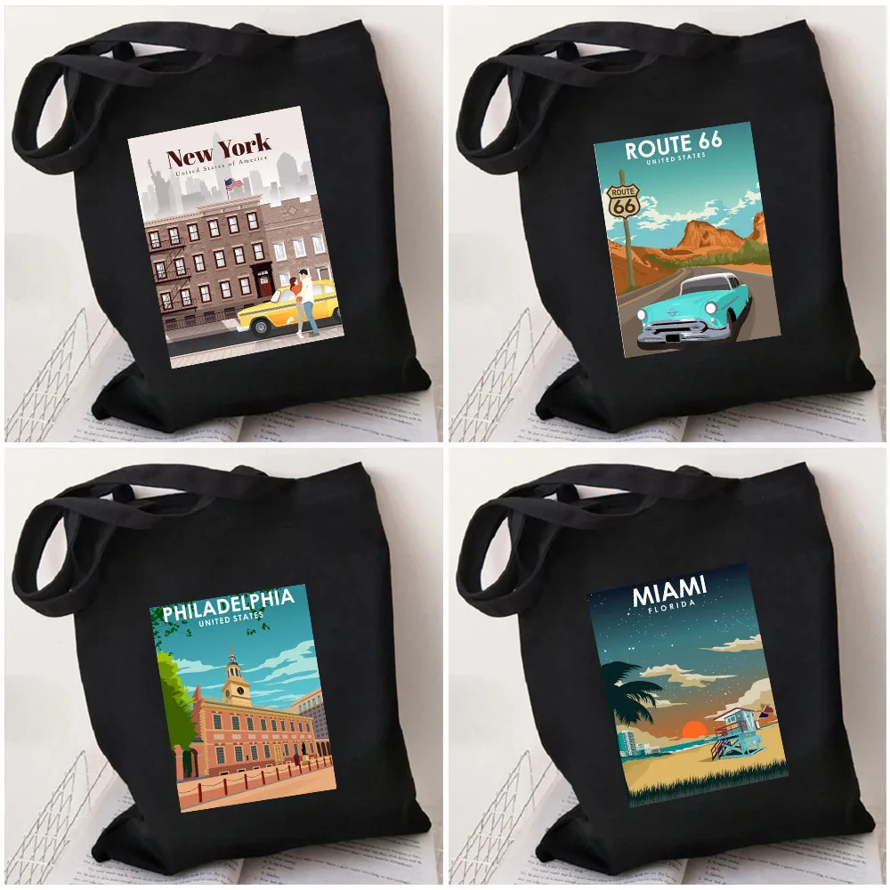 

US Route 66 NYC New York Miami Chicago Seattle Washington Los Angeles Canada Women Cute Shopper Shoulder Cotton Canvas Totes Bag