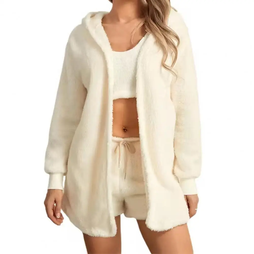 Fluffy Pajamas Set for Women Casual Sleepwear Cardigan Jacket and Shorts Plus Size Hoodie Leisure Homsuit Winter Teddy 2 Pieces