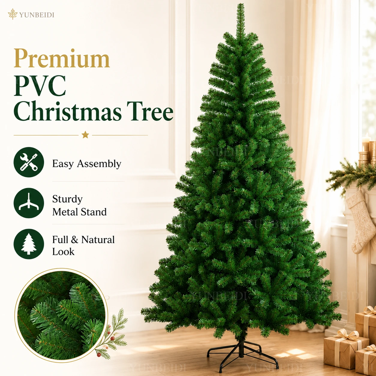 Künstlicher Weihnachtsbaum aus PVC-Material, große Größe, dicht belegter Weihnachtsbaum, 120 cm bis 210 cm, Neujahrs-Familien-Dekoration
