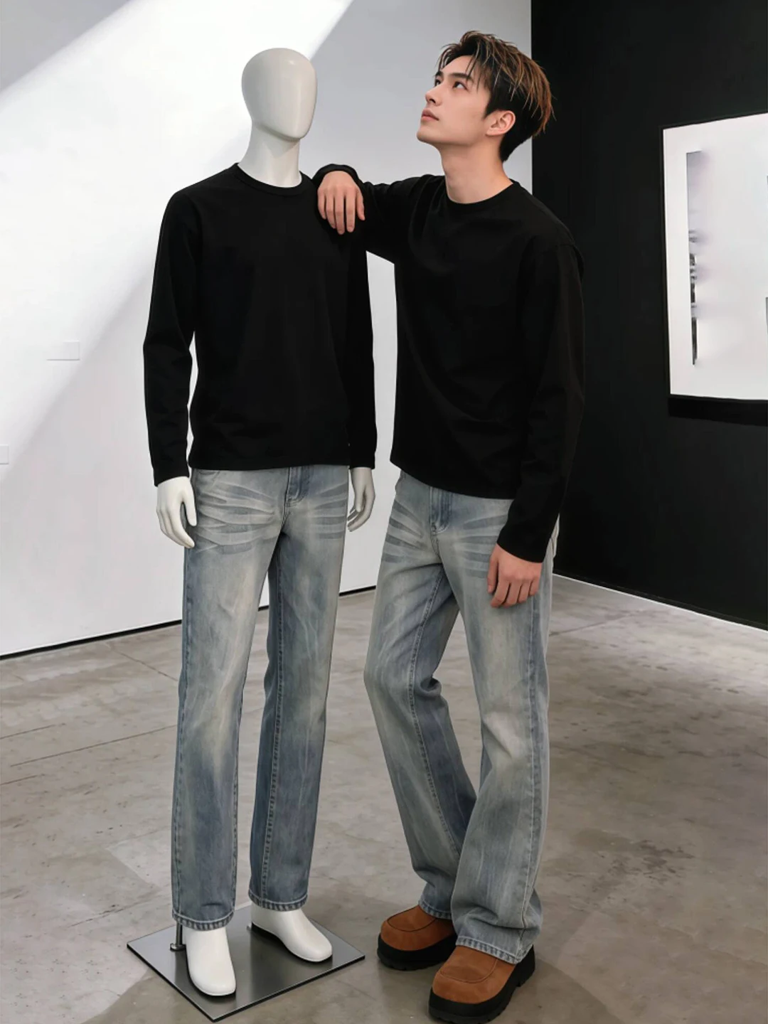 

Blue Lightning Pattern Flared Jeans Men's Winter Fleece Lined Lift Tummy Slimming Straight Leg Jeans Cleanfit American Style