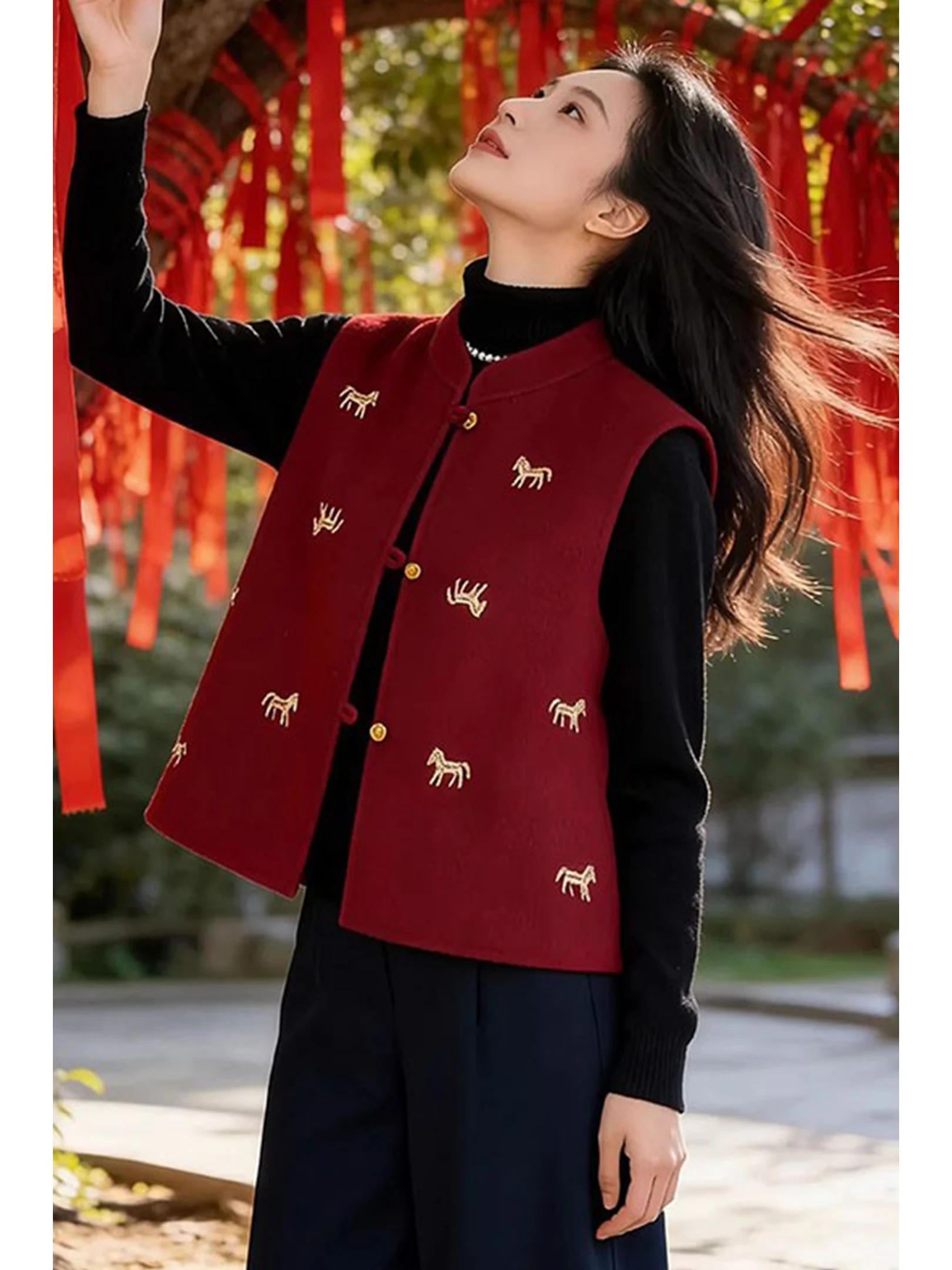 

Red Embroidered Vest Set Women's Faion Spring 2026 Chinese Sle Long Sve round Ne Warm Casual Fit Body Warmth