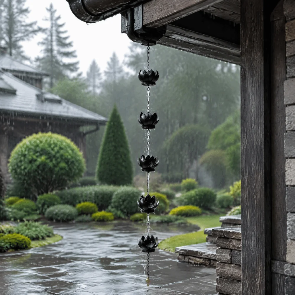 Stylish Iron Rain Chain Black Flower Cup Downspout Alternative Linked Chain 153cm Length Gutter Rain Chain For Gazebos
