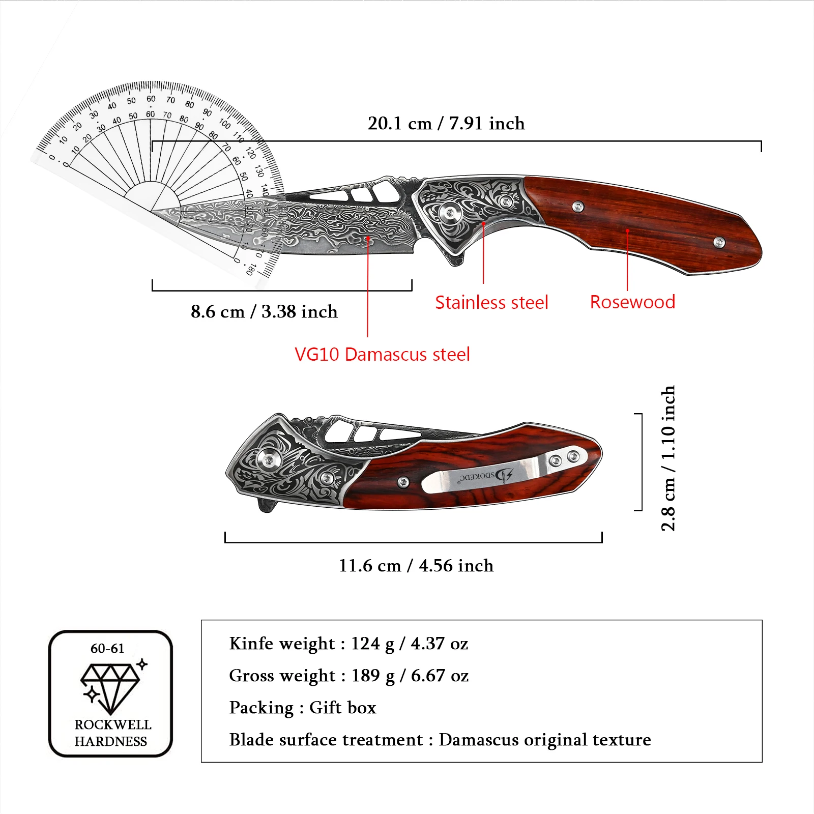 SDOKEDC VG10 Damascus Steel Outdoor Pocket Knife Camping Folding Utility EDC Tools Wood Handle