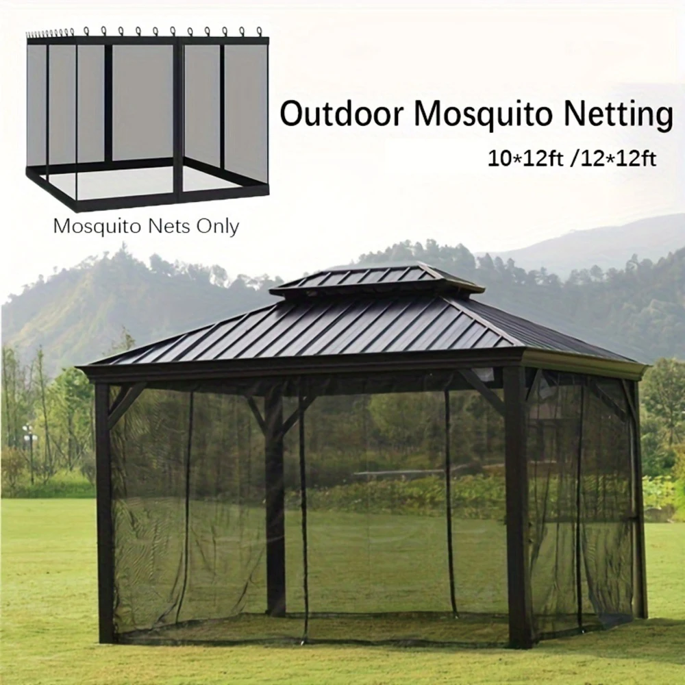 Outdoor Mosquito Netting, 10'*12'/12'*12' Tent Mosquito Net With Slip Rings, Black Brown Nylon Mesh Screen With Anti-Insect Protection, 4-Door Zipper, Easy Installation, Patio Yard Garden Tent Enclosure, Bug-Free Outdoor Living