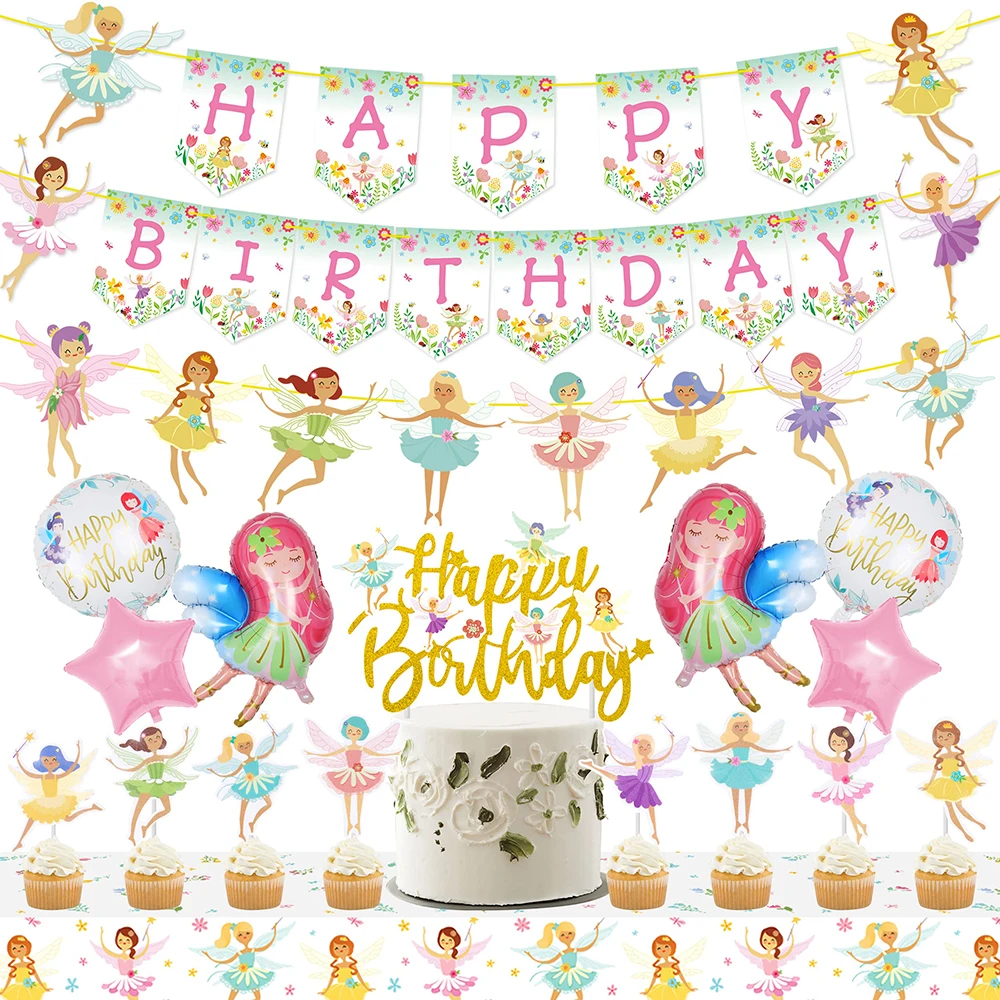 Wróżka Dekoracje na przyjęcie urodzinowe Happy Birthday Banner Wróżka Tort Topper Balony foliowe Obrus ​​na wróżkę Materiały na przyjęcie w ogrodzie