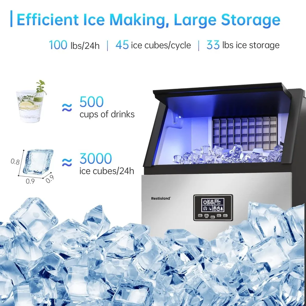 Commercial Ice Maker Machine, 100 lbs /24 h, 33 lbs Storage Bin, Stainless Steel, Compact, Embedded, Self-Cleaning, Perfect