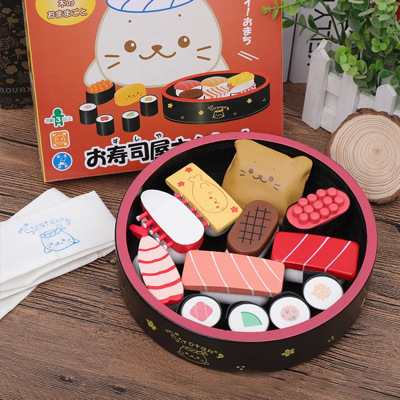 Children Pretend Play Sushi Toy Wooden Kitchen Miniature Food Simulation DIY Play Game Sushi Cooking Set Imitation Game for Kids