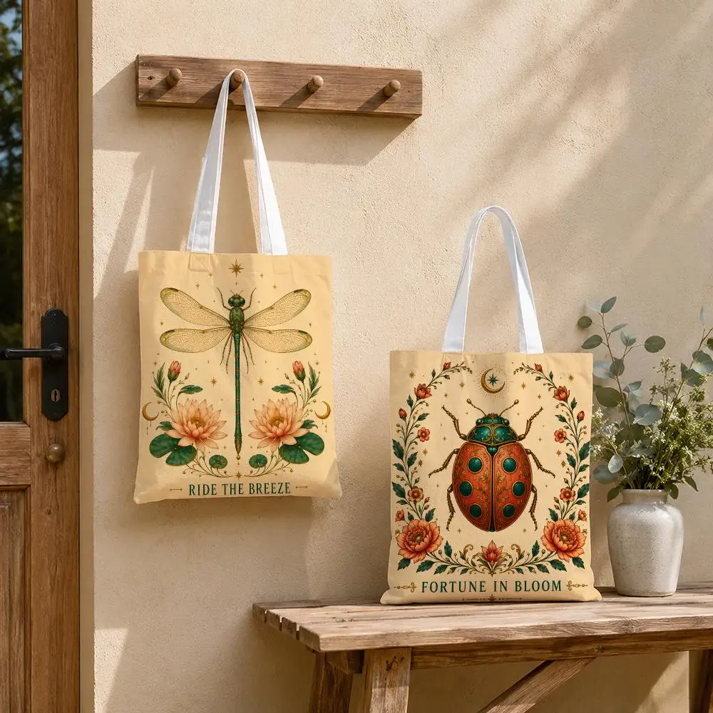 Vintage Celestial Botanical Insects Storage Bags Tote Bag Reusable Shoulder Shopping Foldable For School Work Travel Daily Use