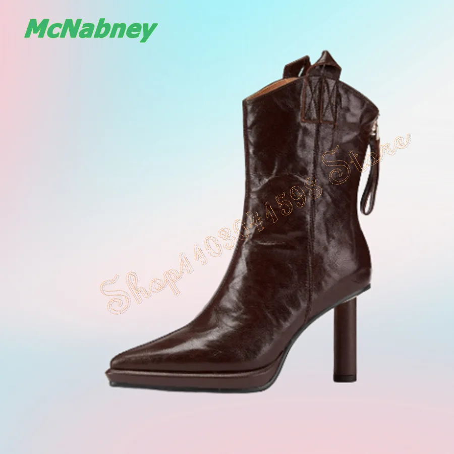 

Pointed Toe Platform Leather Mid Calf Boots,Round Heel Zipper High Heel Boots Wedding Women Boots 2024 New Zapatos Para Mujere