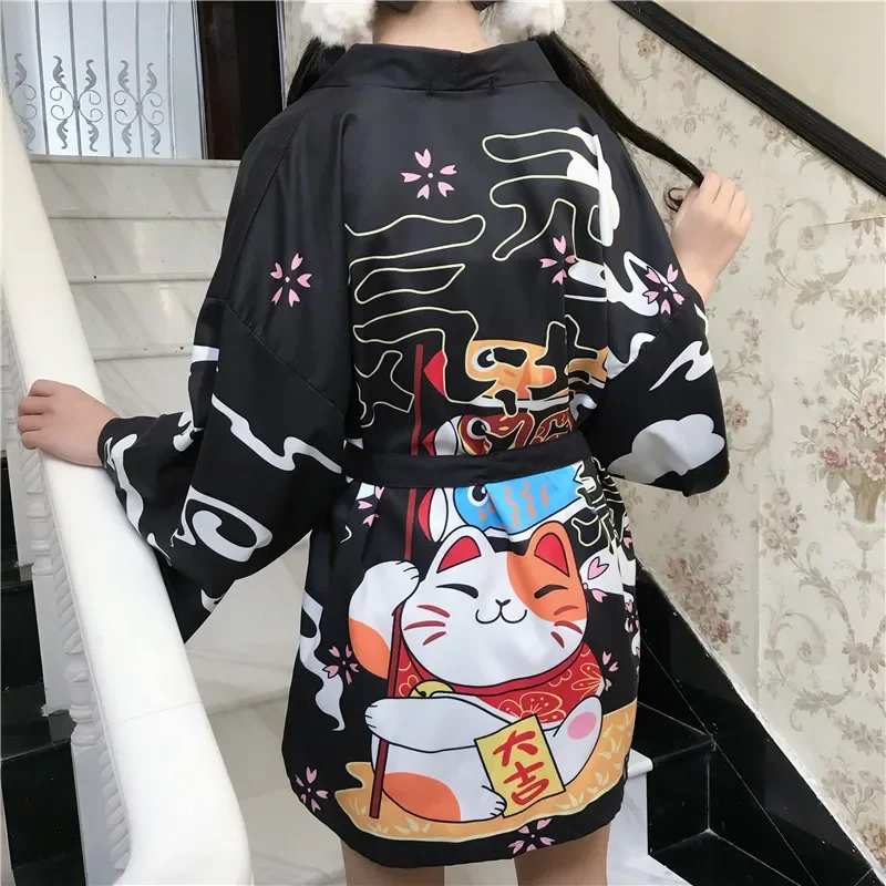 INS Red Black Lucky Cat Print 2020 Loose Summer Beach Cardigan Girls Harajuku Japanese Fashion Kimono Style Woman Tops Yukata