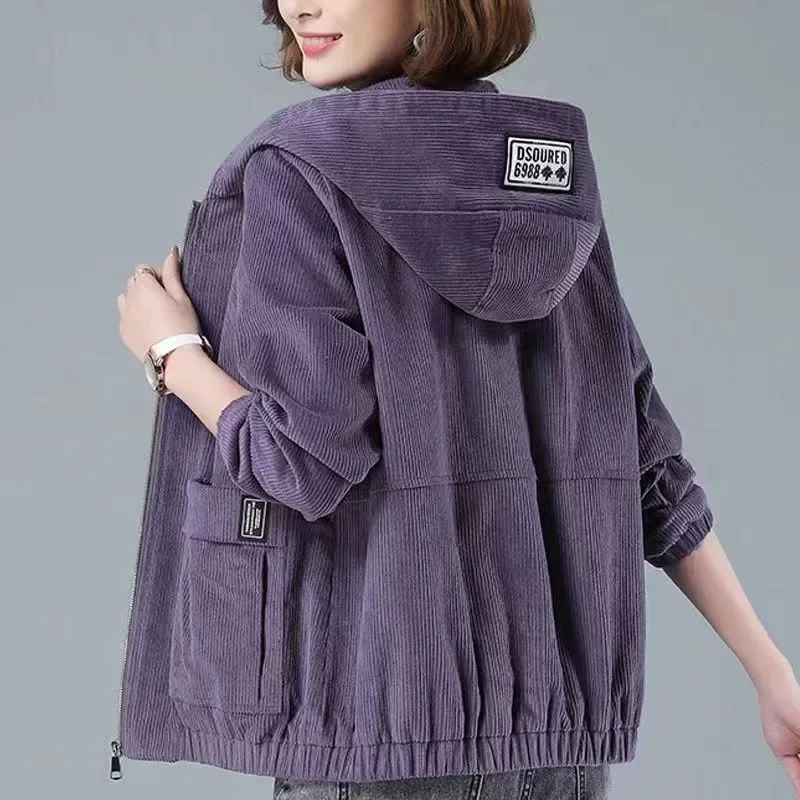 

Corduroy Short Coat 3XL Women's 2025 Spring Autumn New Pockets SplicedLoose Solid Hooded Jacket Casual Female Zipper Coat Tops