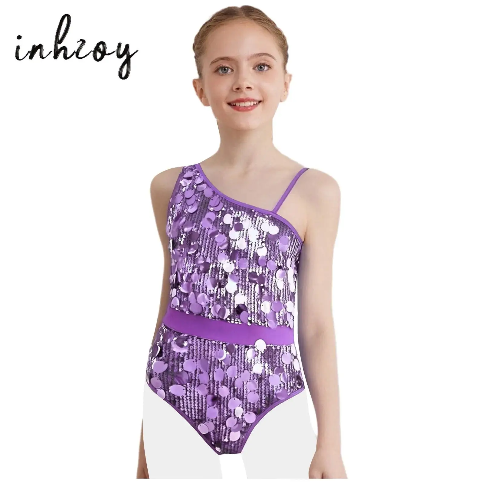

Girls Ballet Leotard Sparkly Sequins Asymmetry Sleeveless Bodysuit Figure Ice Skating Dance Gymnastic Unitard for Performance
