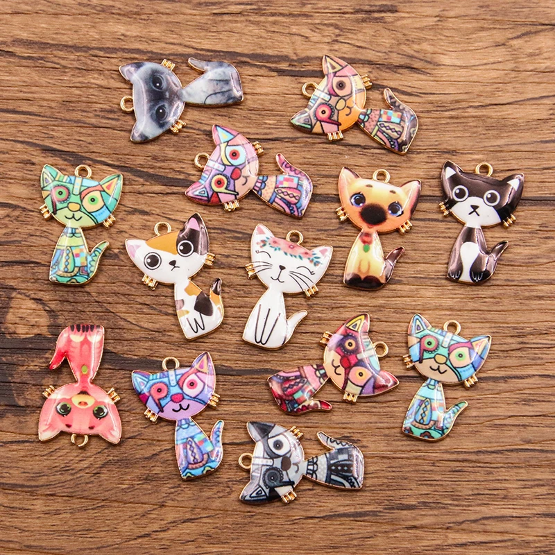 10Pcs 13 Color 17x26MM Alloy Metal Drop Oil Printing Cat Charm Animal Pendant For Enamel DIY Bracelet Necklace Jewelry Making