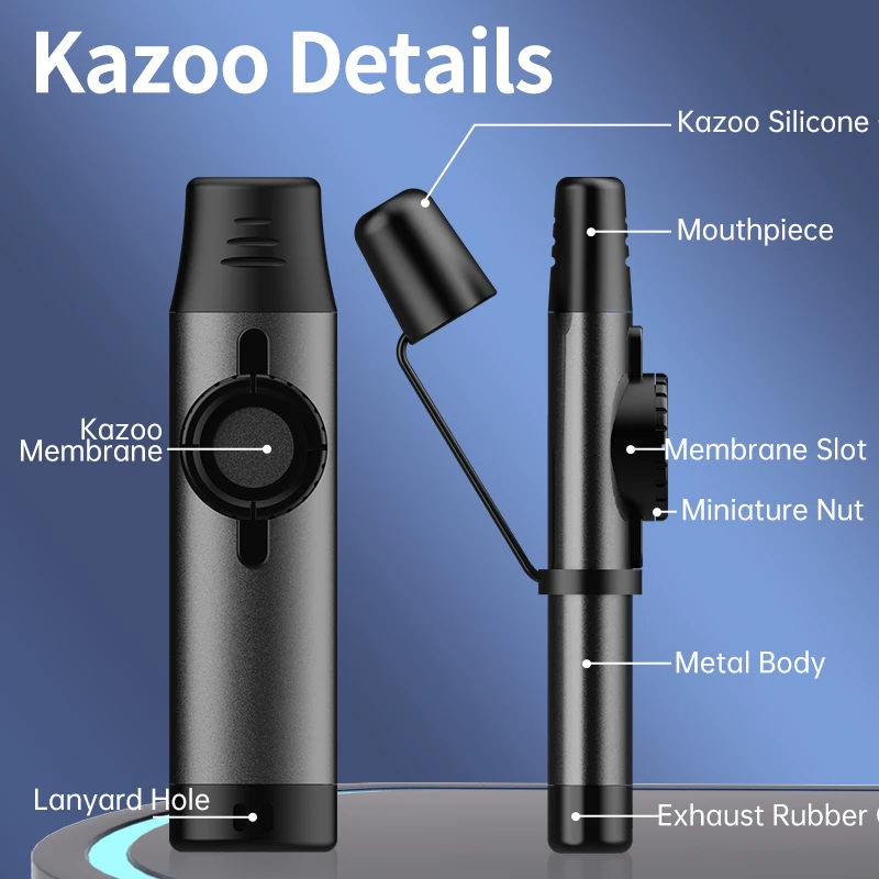 Kazoos with 5 extra Membranes, Metal Kazoo with Adjustable Tone for Guitar, Ukulele, Violin, Piano, Keyboard, Easy to Learn