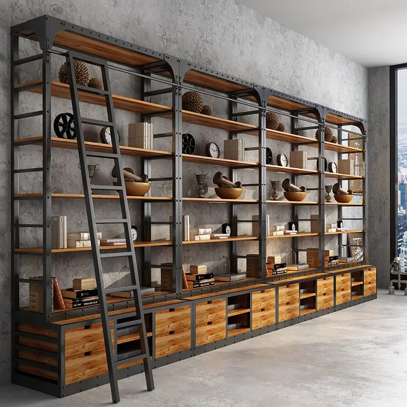 Wrought iron bookshelf floor-to-ceiling solid wood bookcase living room shelf