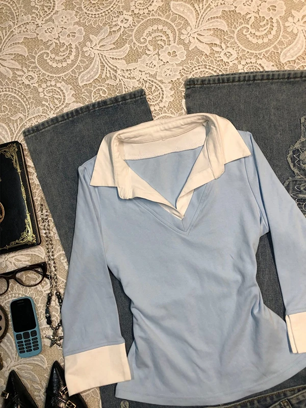 

Женская футболка Blue irt в стиле пэчворк в американском стиле ретро, весна 2024, новый оригинальный дизайн, длинный топ с v-образным вырезом прямого кроя