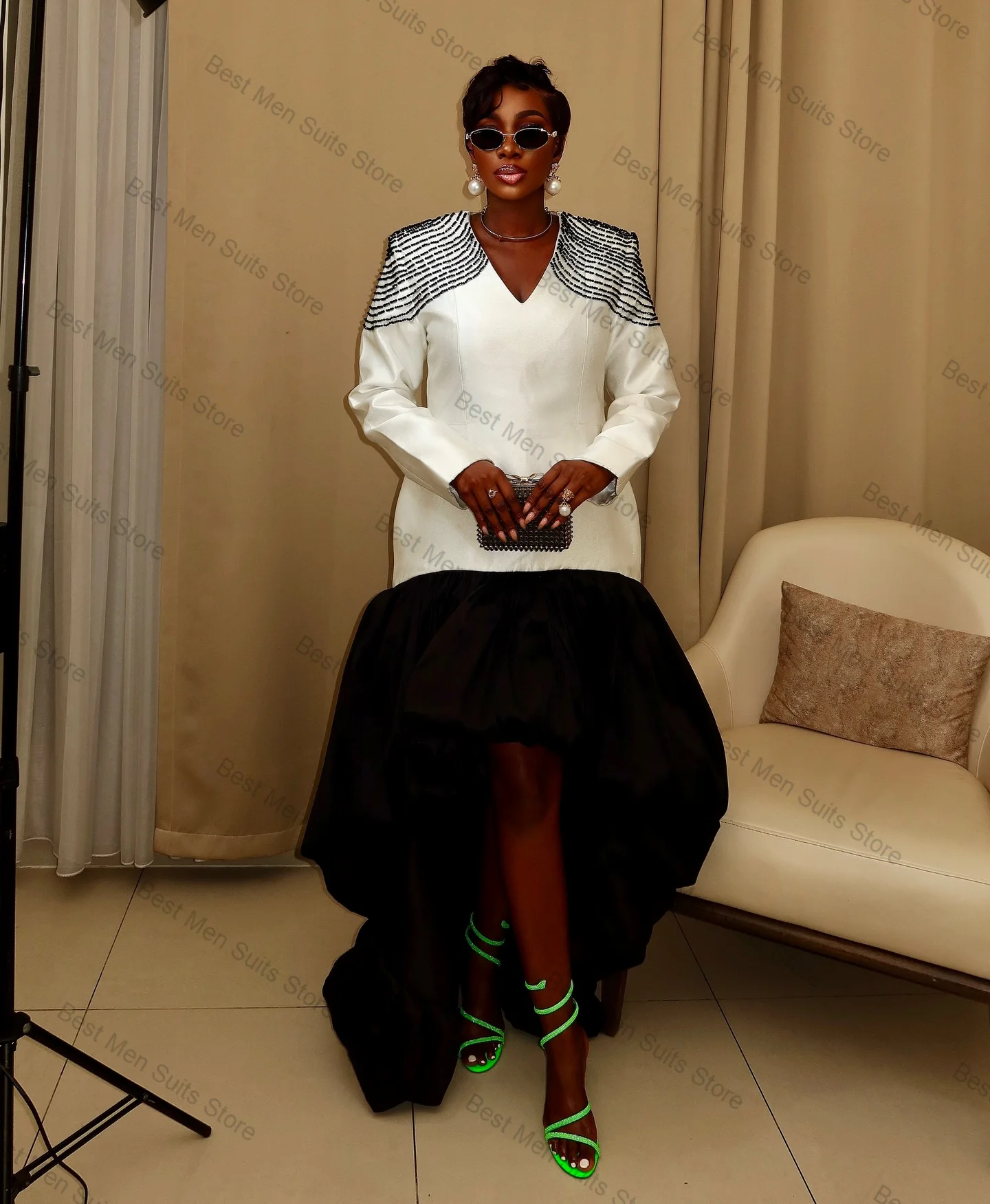 

White Black Women Suit 1 Pcs Long Blazer Prom Dress Beaded Autumn Formal Office Jacket Customized Wedding Guest Party Coat