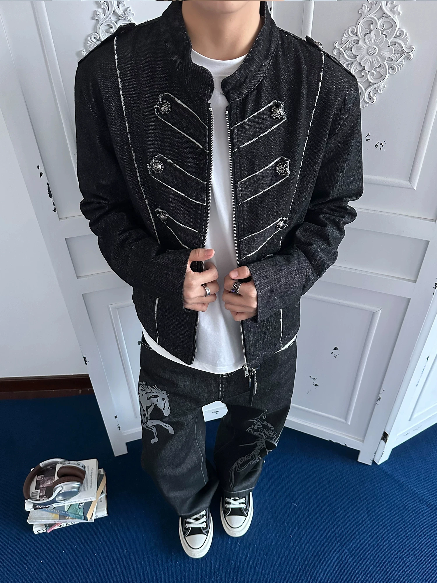 Light Napoleon Double Row Button Court Style Short Jeans Jacket Men Spring Autumn Design Deconstructed Shoulder Clip Jacket