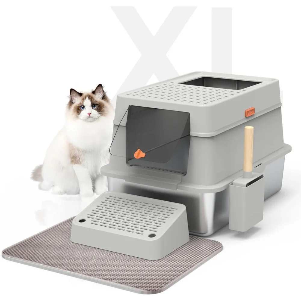 

Light Gray Cat Bedpans, XL Enclosed Cats Litter Box with Poop Scooper, Footboard, Mat, Stainless Steel Cat Litter Box