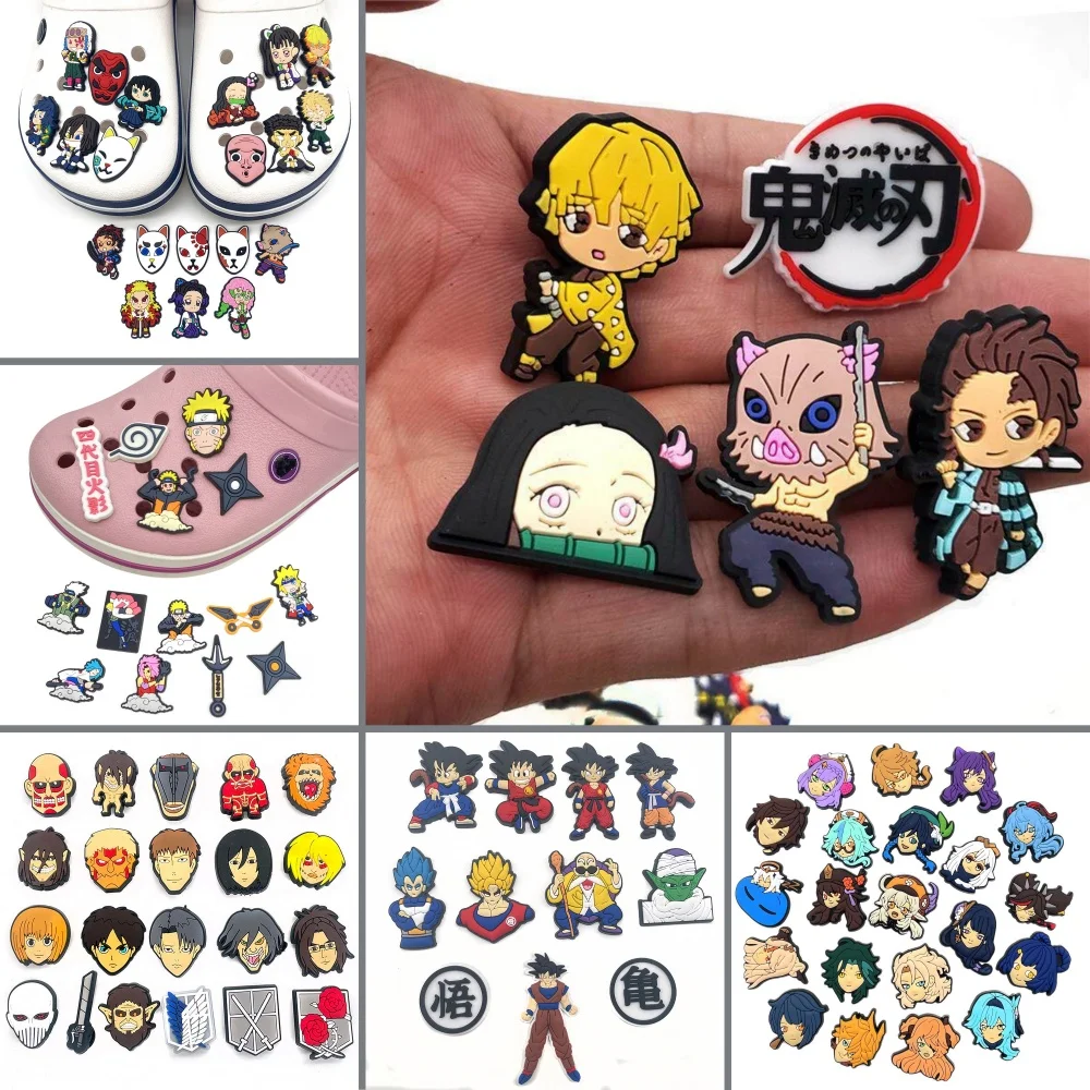 

11-21Pcs Anime Demon Slayer Attack On Titan Naruto Dragon Ball Sandals Decor Buckles Cartoon PVC Slippers Accessories Girls Gift