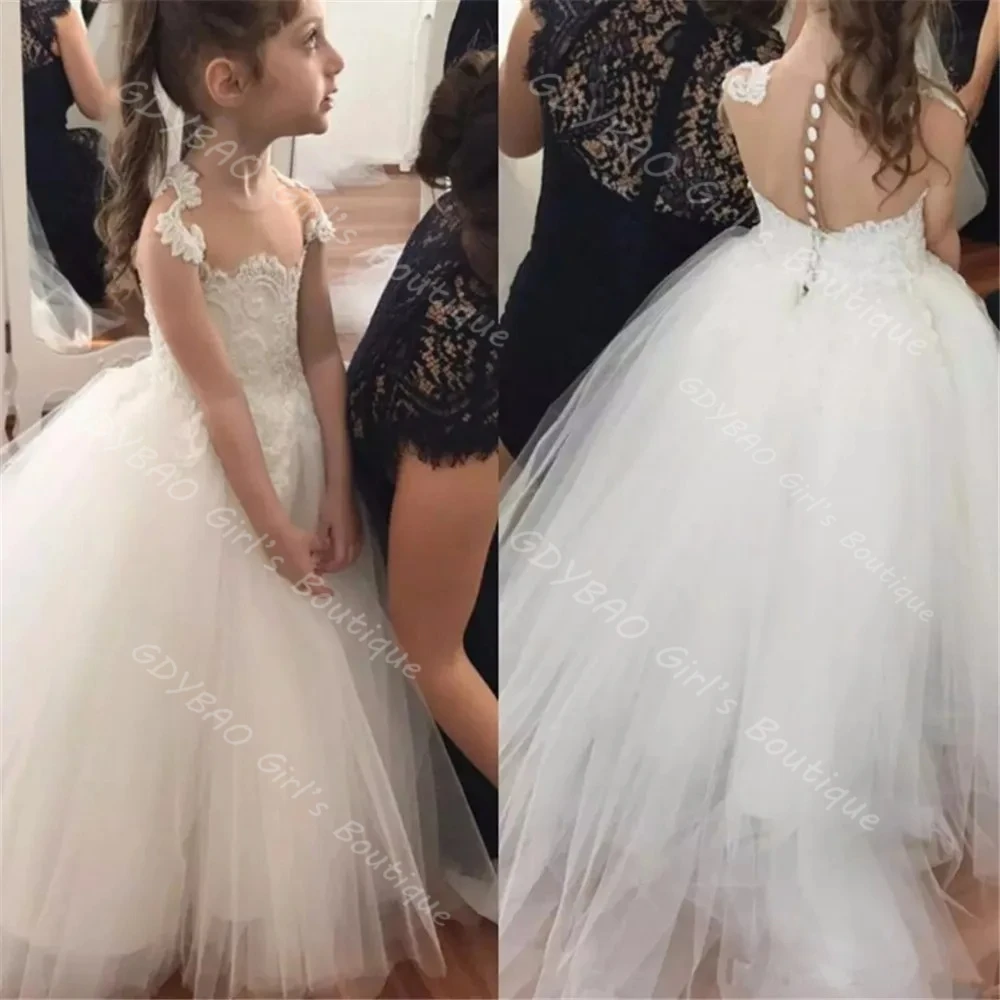 

A-line Mini Bridal Wedding Dress for Flower Girls Sheer Neck Lace Appliques Tulle First Communion Dress Custom Made Vestidos