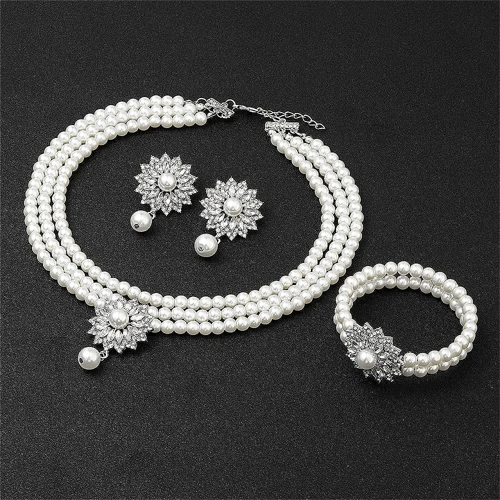 Sparkling Crystal Flower Pearl Necklace Earrings Bracelet Jewelry Set Fashion Gift for Wedding Brides' Gowns & Formal Occasions