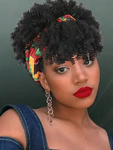 Black women's curly hair wig with headscarf and tassel, 2-in-1 wrapped wig, short African curly hair synthetic wig with headscar