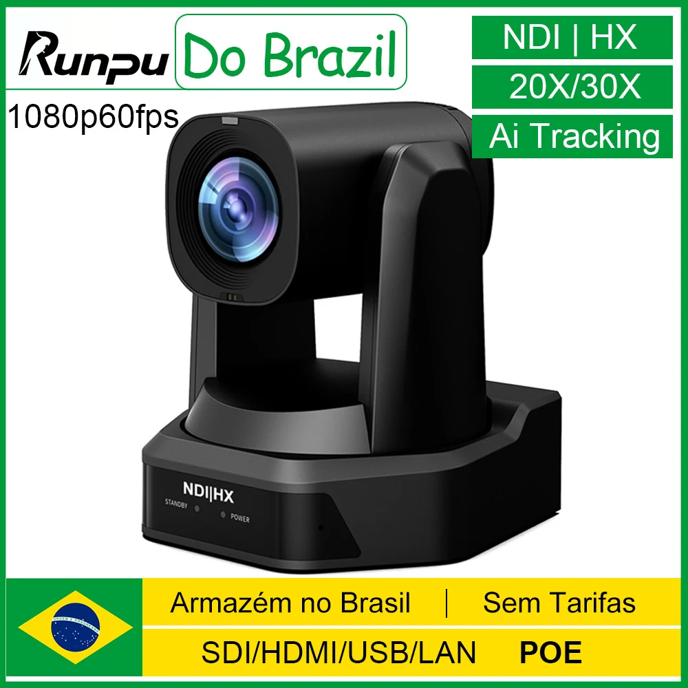 Câmera de Vídeo PTZ para Conferência NDI Runpu 1080P/60fps com Zoom de 12/20/30x, Rastreamento Automático por IA, Saídas SDI, HDMI e USB, Suporte a POE