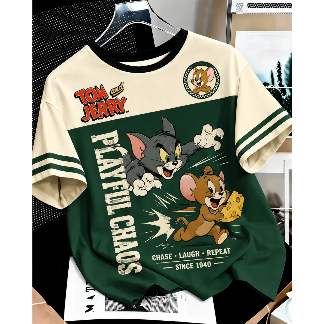 Tom And Jerry Vintage T-Shirt, Farbblock-Gestreiftes T-Shirt, Retro-Cartoon-Katze-Maus-Grafik, Lässige Streetwear-Oberteile für Männer, Frauen und Kinder – Detail 5