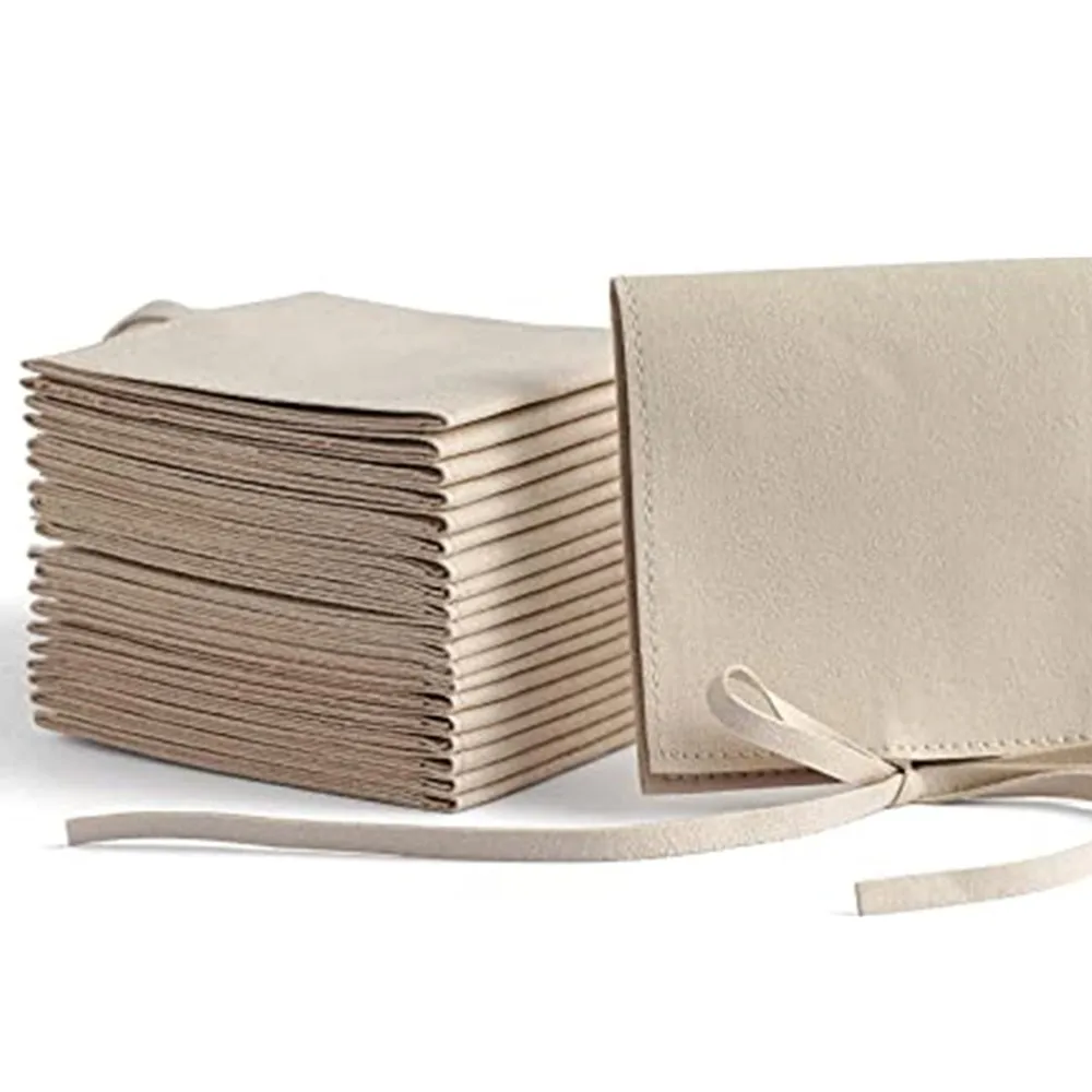 Jewelry Pouch 20pcs 8x8cm Luxury Microfiber Jewelry Packaging Bag Gift Envelope Style with Strings & Divider,Beige