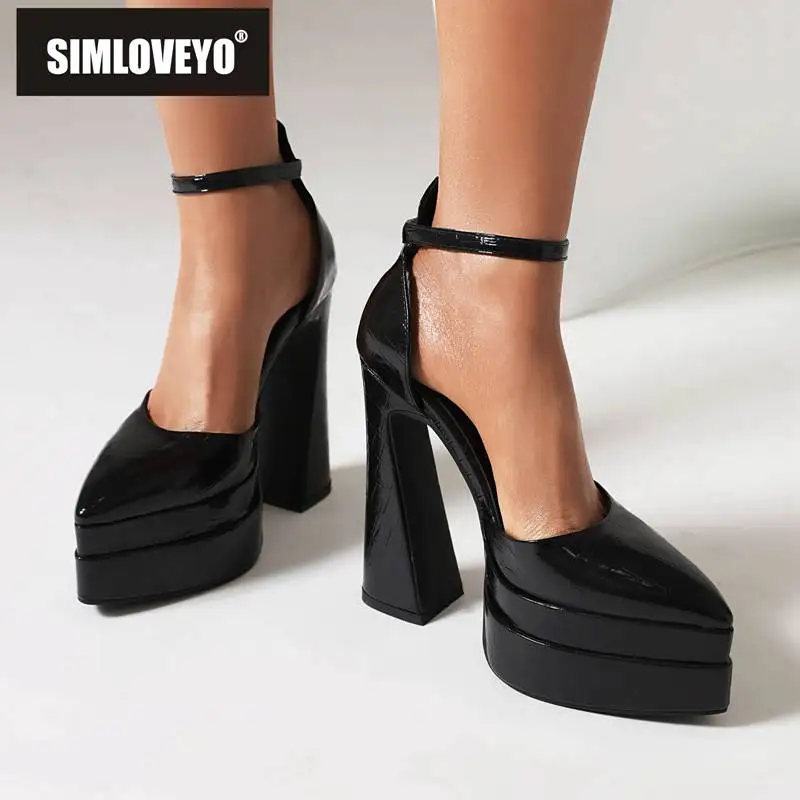 SIMLOVEYO Women Pumps Pointed Toe Chunky Heels Ultrahigh 14cm Platform Hill 5cm Buckle Strap Party Shoes Big Size 42 43