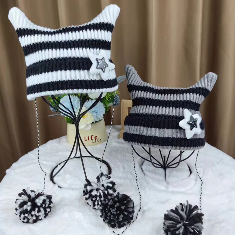 2023 New Handmade Beanies Hat Cute Five-star Cat Ear Striped Devil Winter Warm Pullover Knitted Cap Pompom Bonnets for Women