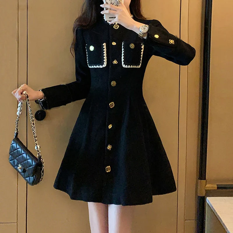 Spring Autumn New Round Neck Long Sleeve Fashion Mini Dress Women High Street Button Patchwork Vestidos Elegant All-match Dresse