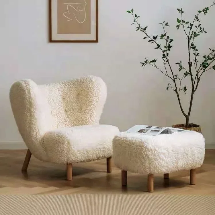 modern lounge chair Teddy wool boucle fabric white accent chair bedroom hotel lobby living room club leisure chair with ottoman