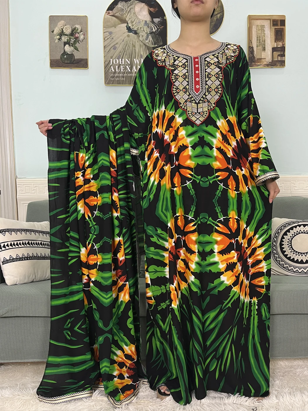 Mslim Abayas For Women Cotton Embroidery Printed Long Sleeves Loose Femme Robe African Boubou Dresses With 150x165cm Shawl Scarf