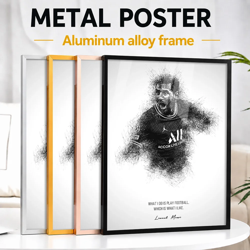 Lionel Messi Quotes Framed Aluminum Metal Poster Personalized Sketch Drawing Wall Art For Sports Bar, Soccer Enthusiast Gift