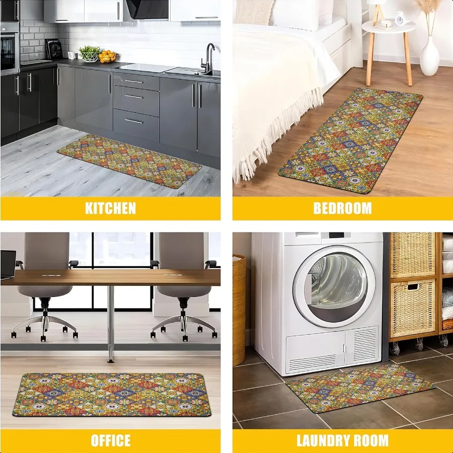 Boho Kitchen Rugs Set 2 Memory Foam Colorful Ceramic Comfort Tile Floor Mat Anti Fatigue Noid PVC Runner Rug Water Oil Proof Ca