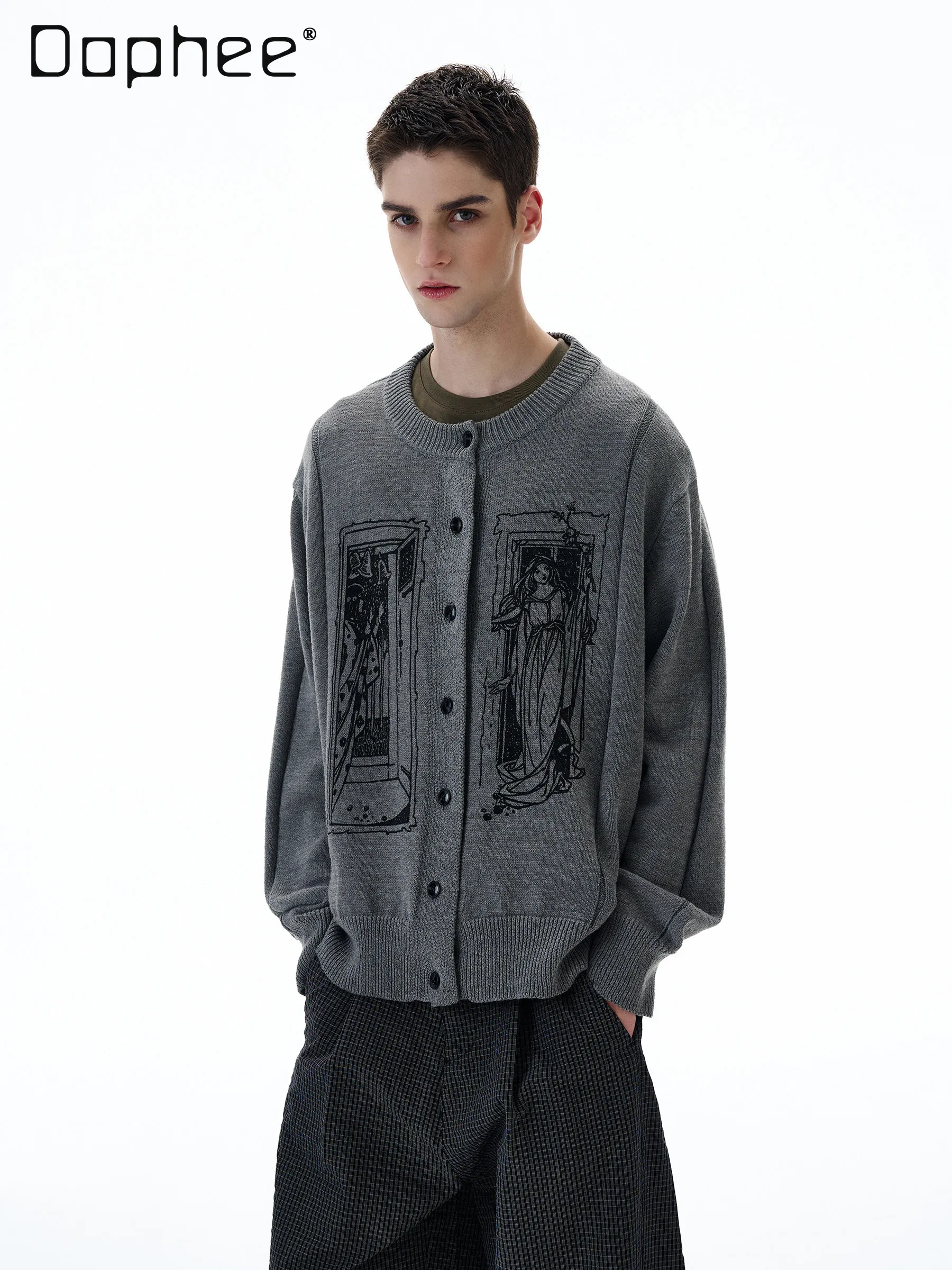 

Spring and Autumn New American Retro Style Character Print Button Cardigan Sweater for Men Casual High-end Gray Knitted Sweater