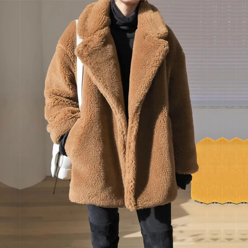 ฤดูหนาวใหม่ผู้หญิงแขนยาว Faux FUR Coat สุภาพสตรีแฟชั่นเม็ดขนแกะ Lamb FUR JACKET หญิง Casual หลวม Overcoat W124